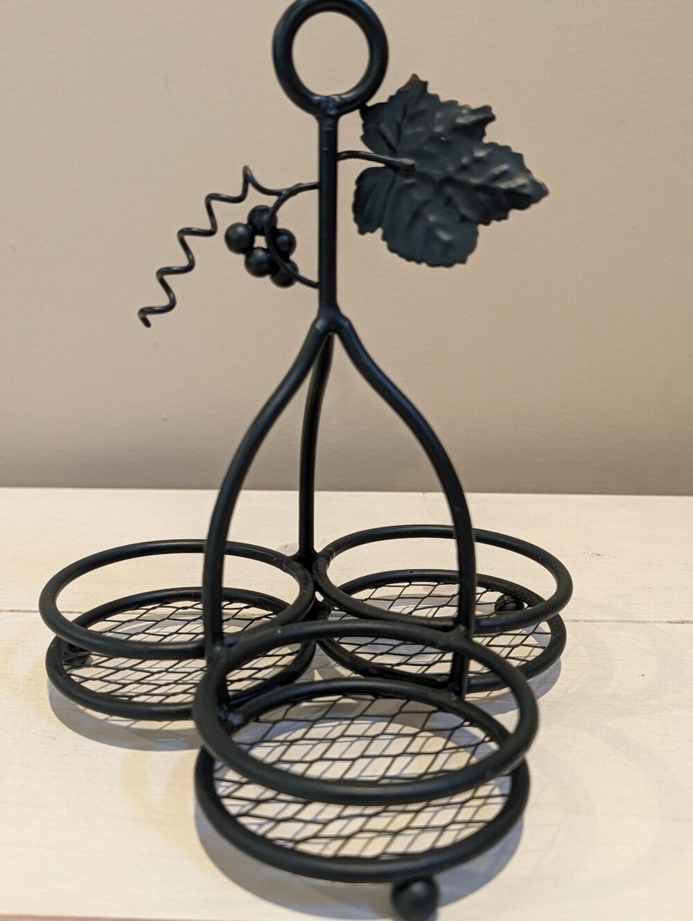 Dark Green Wrought Iron 3-Bottle Tabletop Wine Caddy - Grape & Leaf Motif